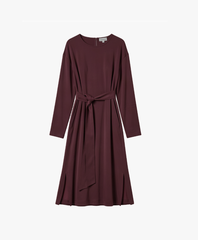 Midi Dress mit Bindegürtel aus hochwertigem Cupro-Mix - burgundy