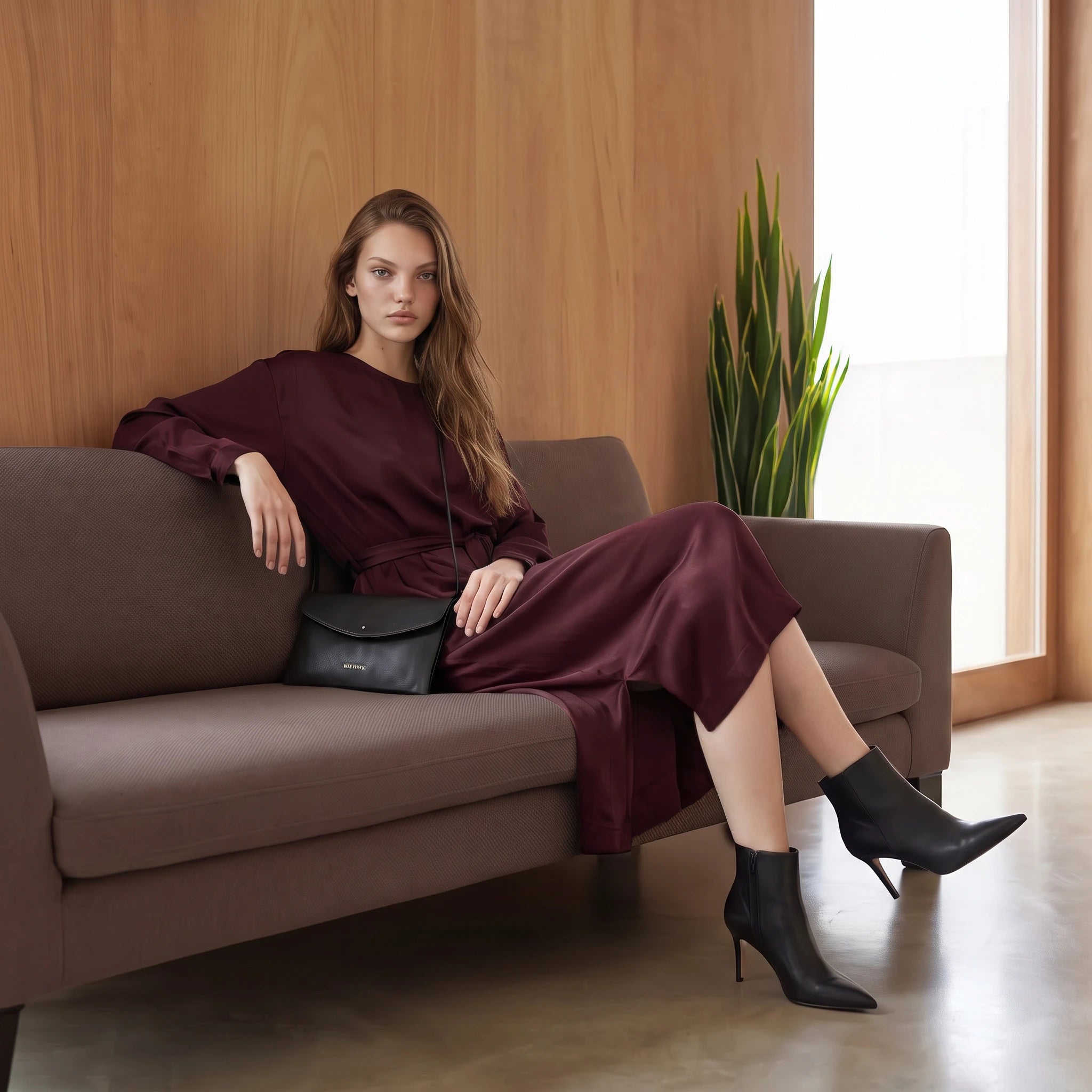 Midi Dress mit Bindegürtel aus hochwertigem Cupro-Mix - burgundy
