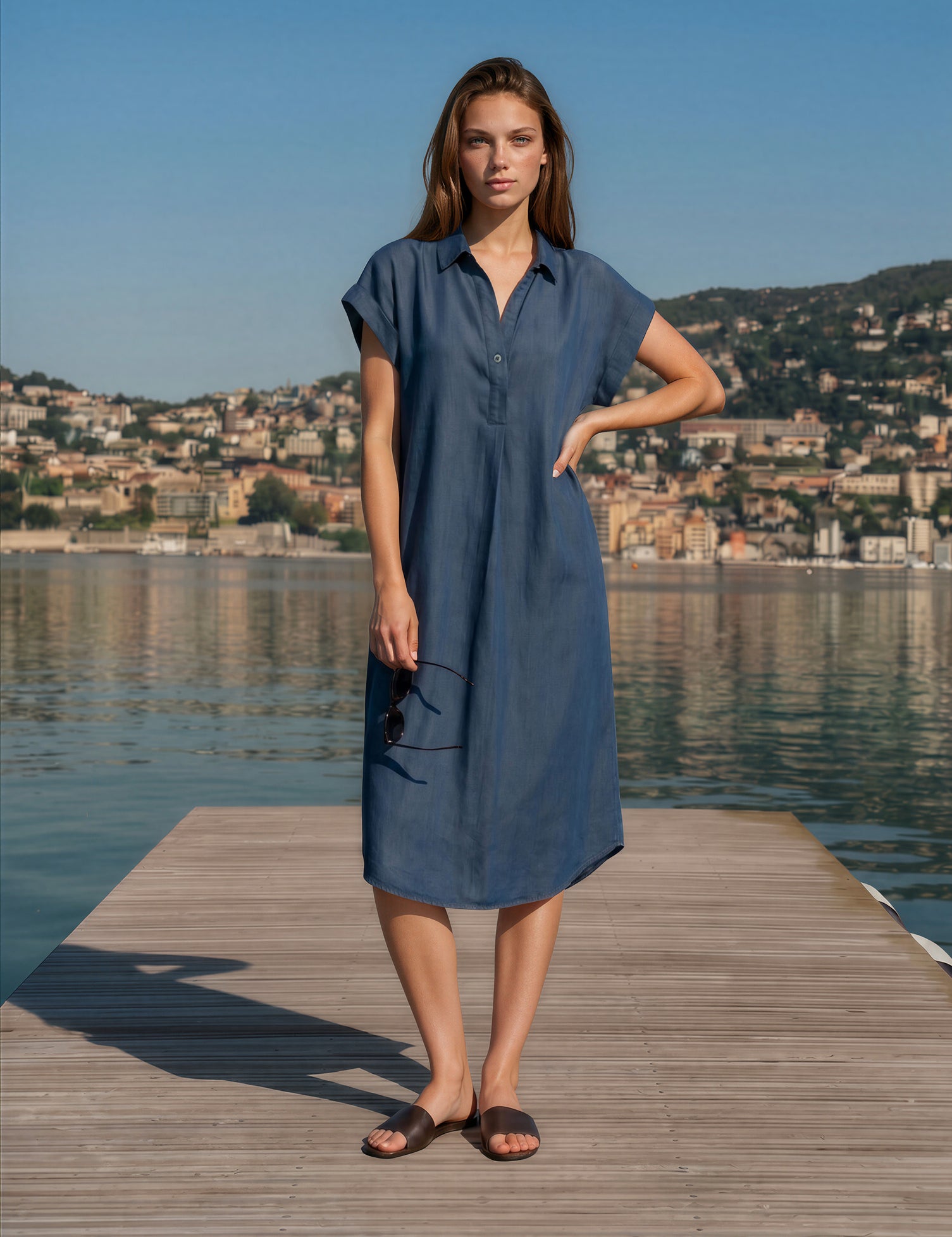 DressSaragroen_easyshirtdresswithpleatinfront_lyocelldarkdenim_Harperharbour_reworked.webp