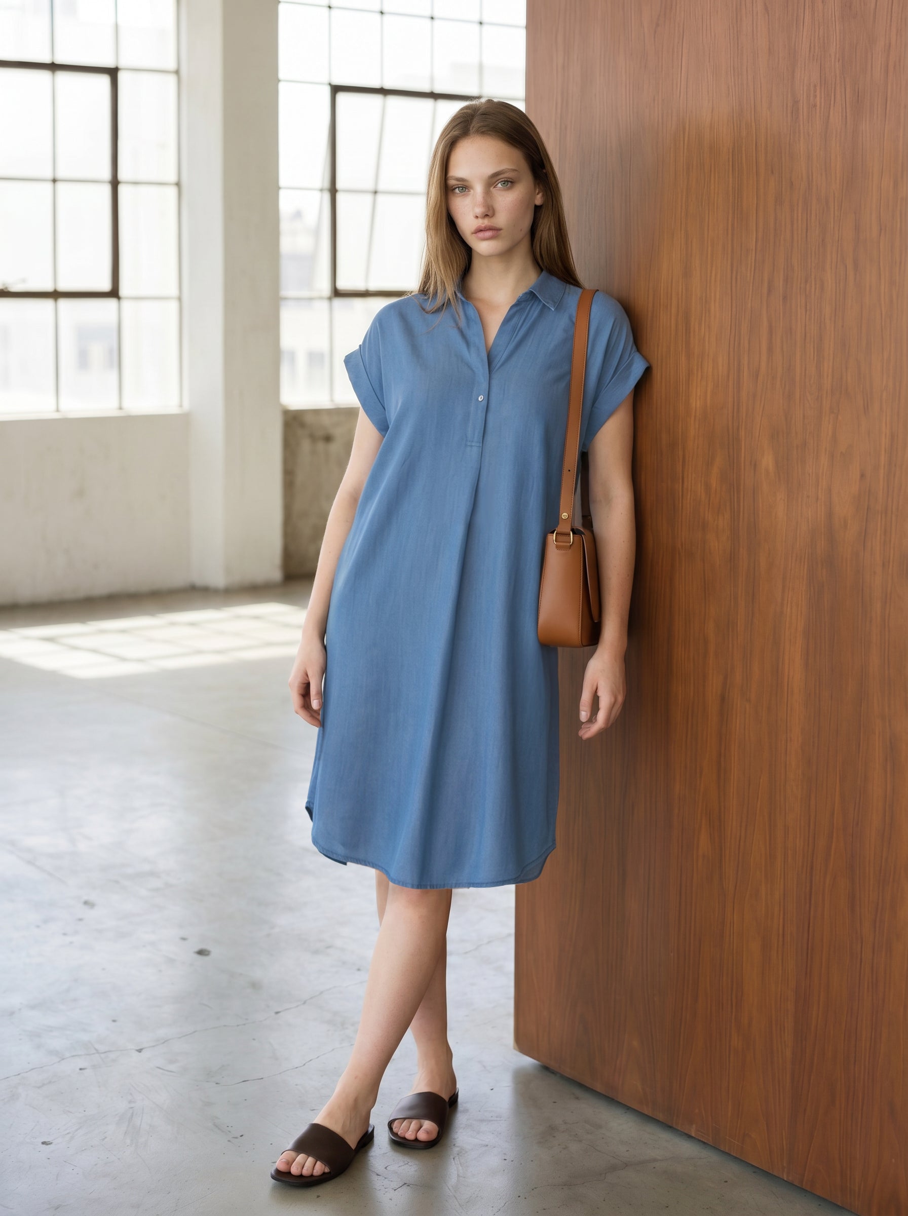 Kurzarmkleid aus Tencel™ in blue denim