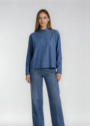 minimalistische Bluse mit Stehkragen - blue denim