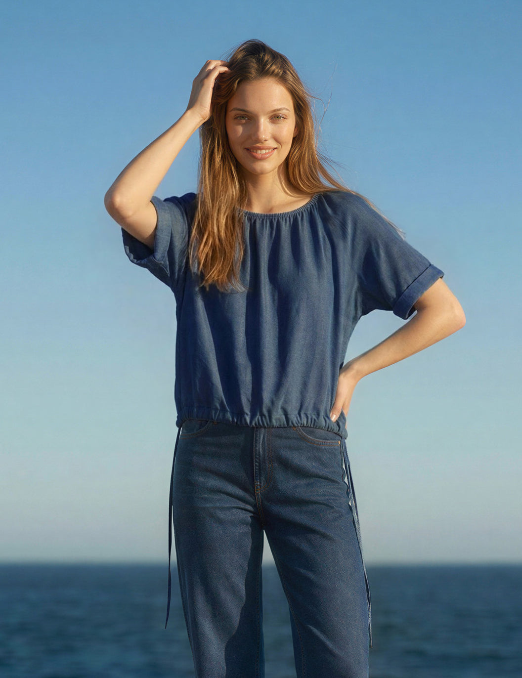 blouseluzie_blousetopwshortsleevesandbindingathem_tencel_darkdenim_Harper_cliffcropped.webp